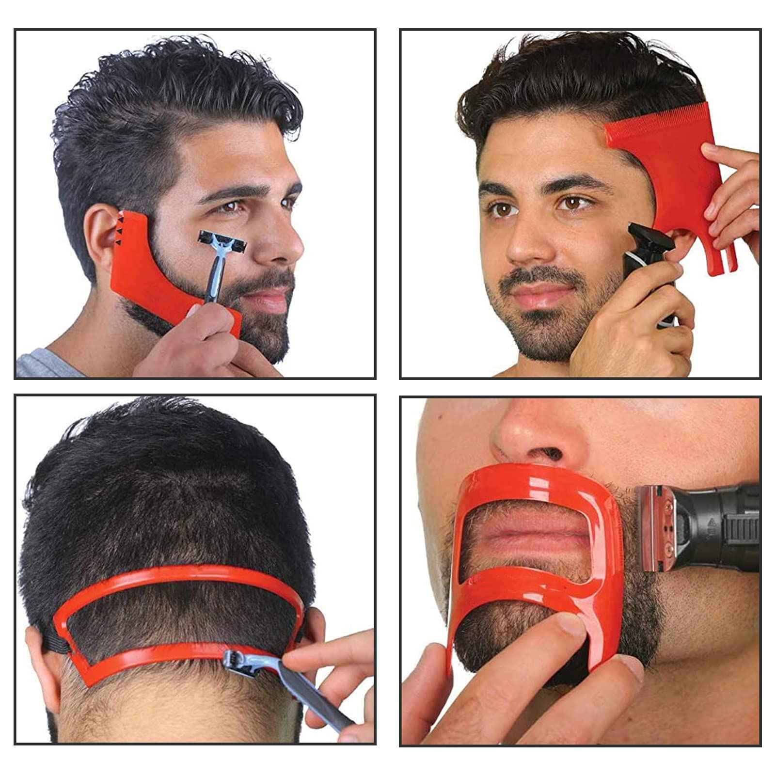 Deosdum 4 Pcs Haircut Tool Kit Hairline,Beard Shaping Tool,Beard Styling Cutting Hairline Grooming Red Plastic Beard Template Set