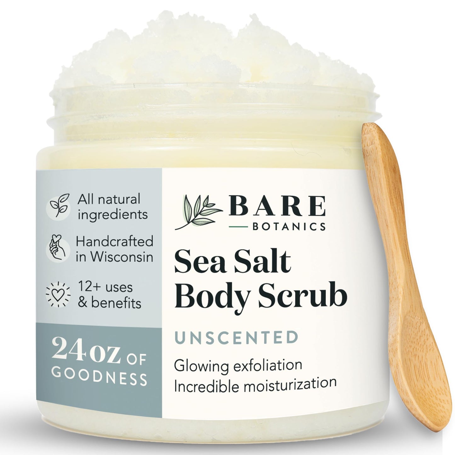 Bare Botanics Unscented Body Scrub 24oz | Made in Madison, WI | All Natural Body Scrub w/Skin Loving Moisturizers | Vegan & Cruelty Free Sea Salt Exfoliator w/a Cute Wooden Spoon