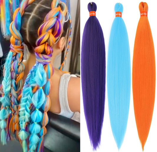 Colorful Pre Stretched Braiding Hair 30 Inch Festival Kanekalon Braid Hair Extensions 3 Packs Braiding Hair Pre Stretched for All Occasions(Orange+LightBlue+Purple)