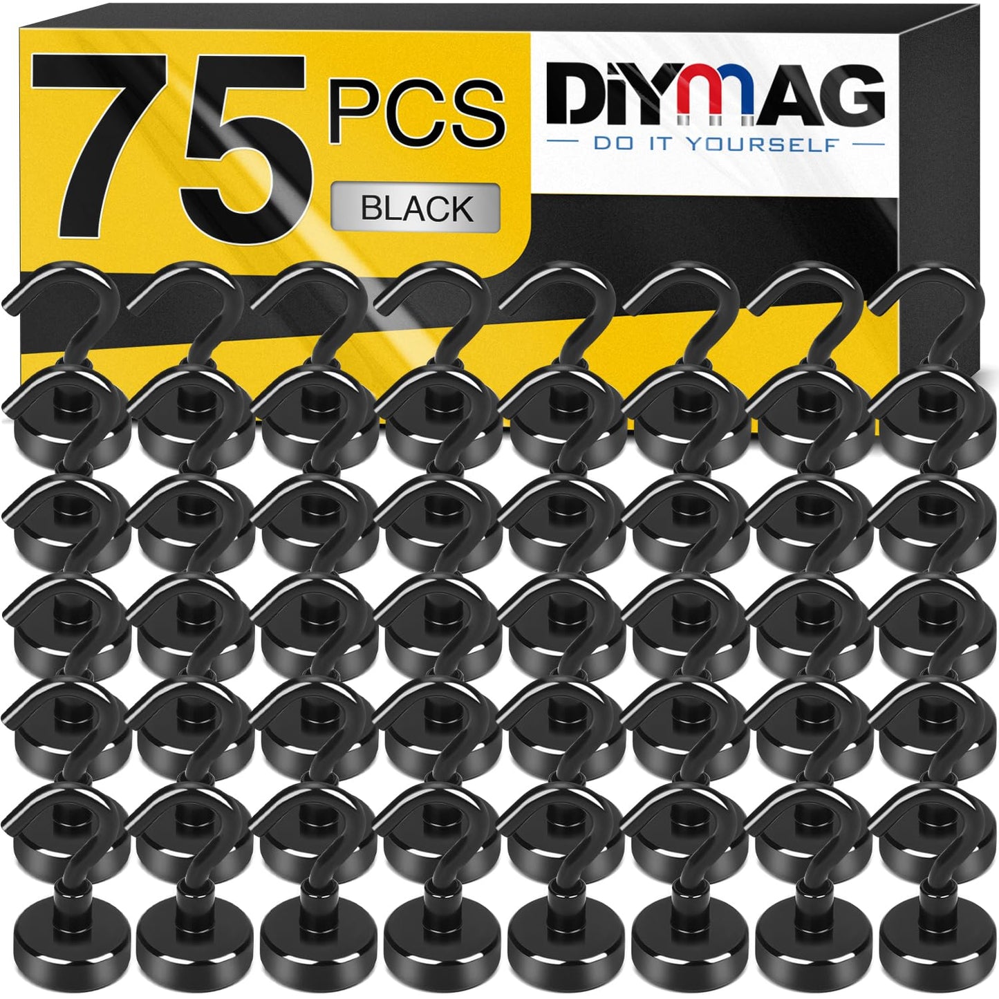 DIYMAG Magnetic Hooks, 25Lbs Strong Heavy Duty Cruise Magnet S-Hooks for Classroom, Fridge, Hanging, Cabins, Grill, Kitchen, Garage, Workplace and Office etc, (75 Pack-Black)