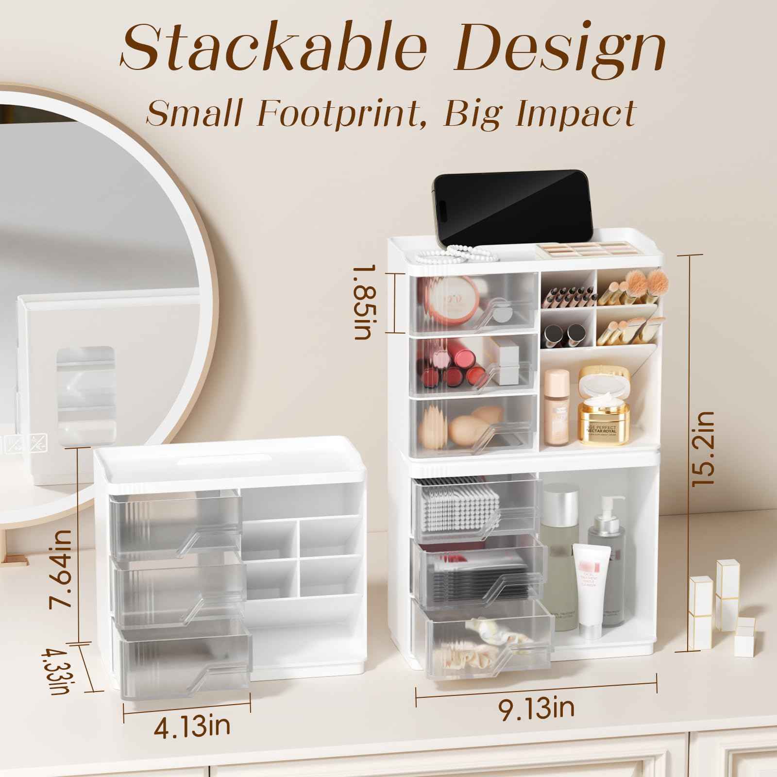 Small Makeup Organizer with Drawers, Stackable Bathroom Couneter Organizer with Phone Holder, Versatile Vanity Organizer Countertop, Cosmetic Organizer for Makeup Brush, Skin Care, Lotion -White,2Pack