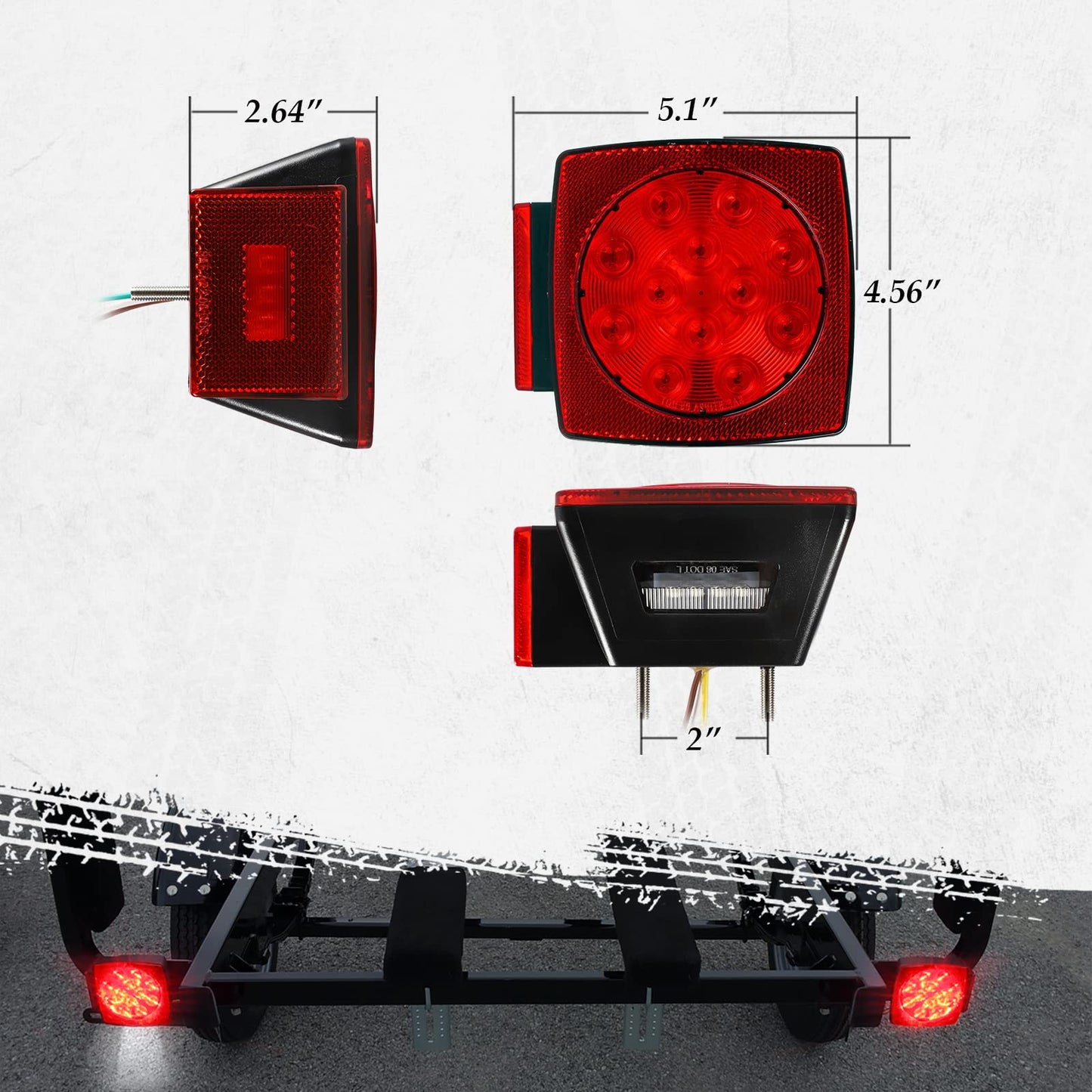 Partsam 12V Submersible Square Led Trailer Light,Red White LED Stop Turn Tail License Brake Running Light Lamp for Trailers Under 80" Boat Trailer Truck Marine Camper RV Snowmobile,IP68,DOT Compliant