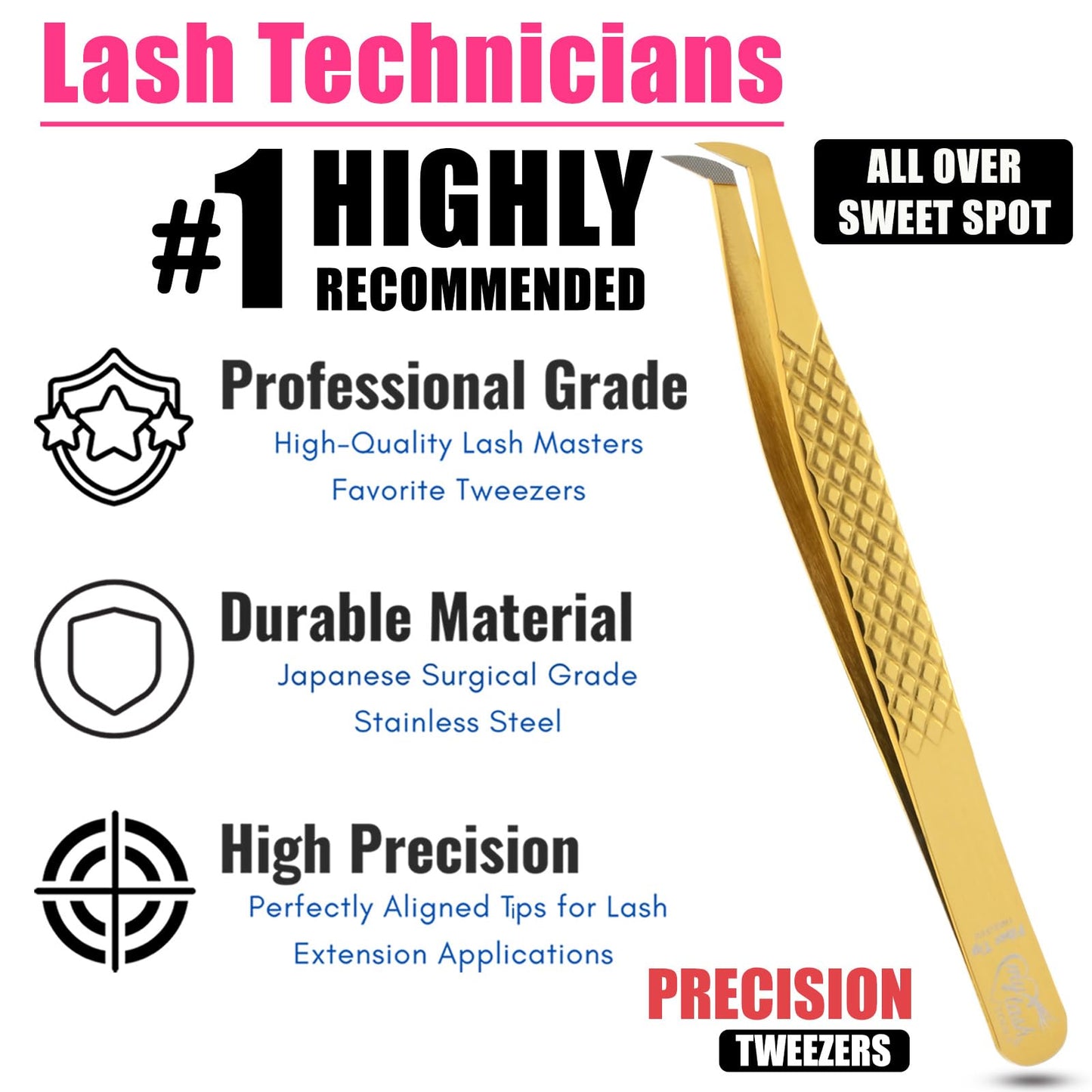 My Lash Tools Lash Tweezers For Eyelash Extensions Precision Fiber Tip Tweezers For Lash Extensions Mega Volume Lash Tweezer | Professional Stainless Steel Boot Lashing Tweezers (Diamond Grip Gold)