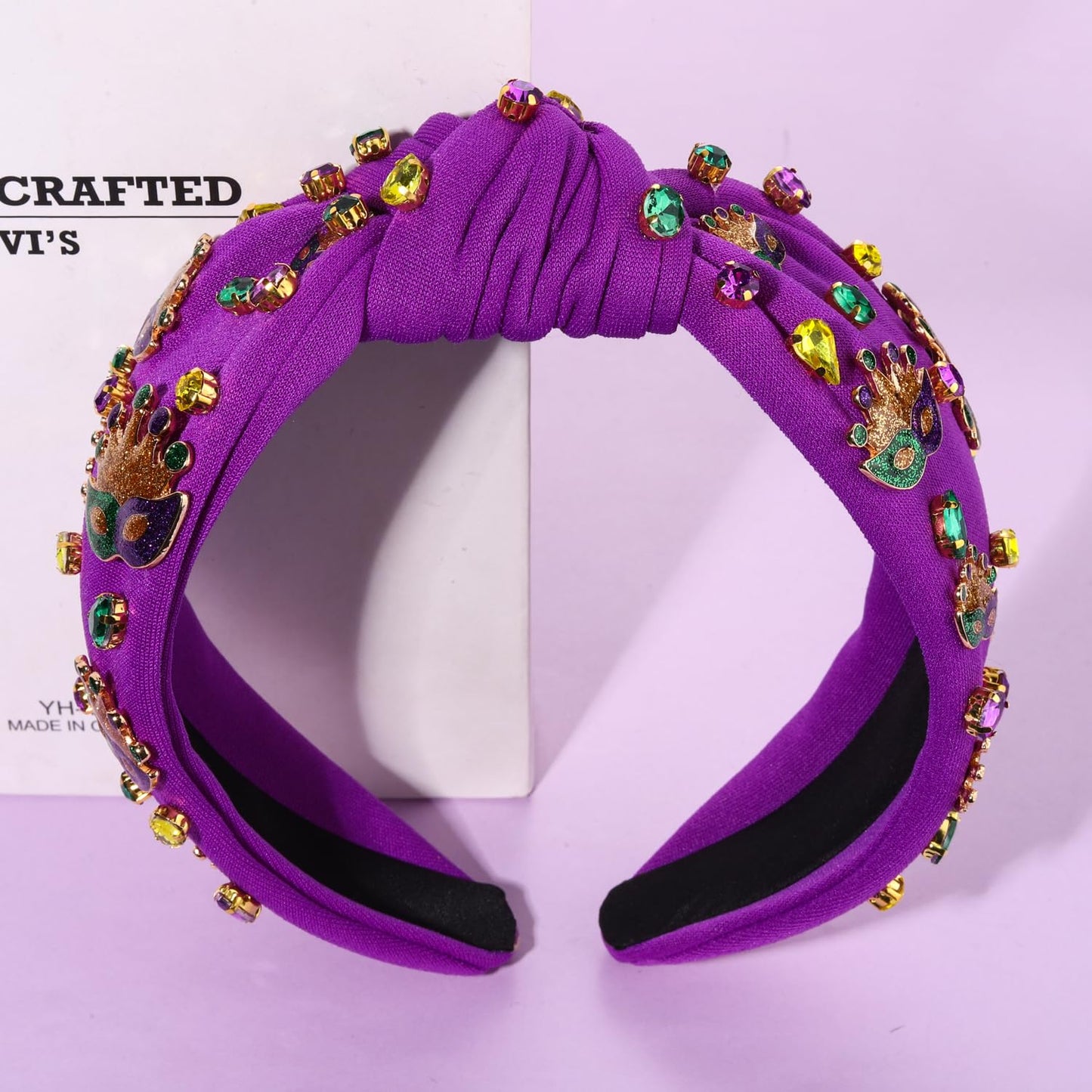 GLBCC Mardi Gras Headband for Women Mardi Gras Masks Knotted Headband Purple Rhinestone Jeweled Wide Hairband Carnival Parade Outfit (crown mask hairband purple)