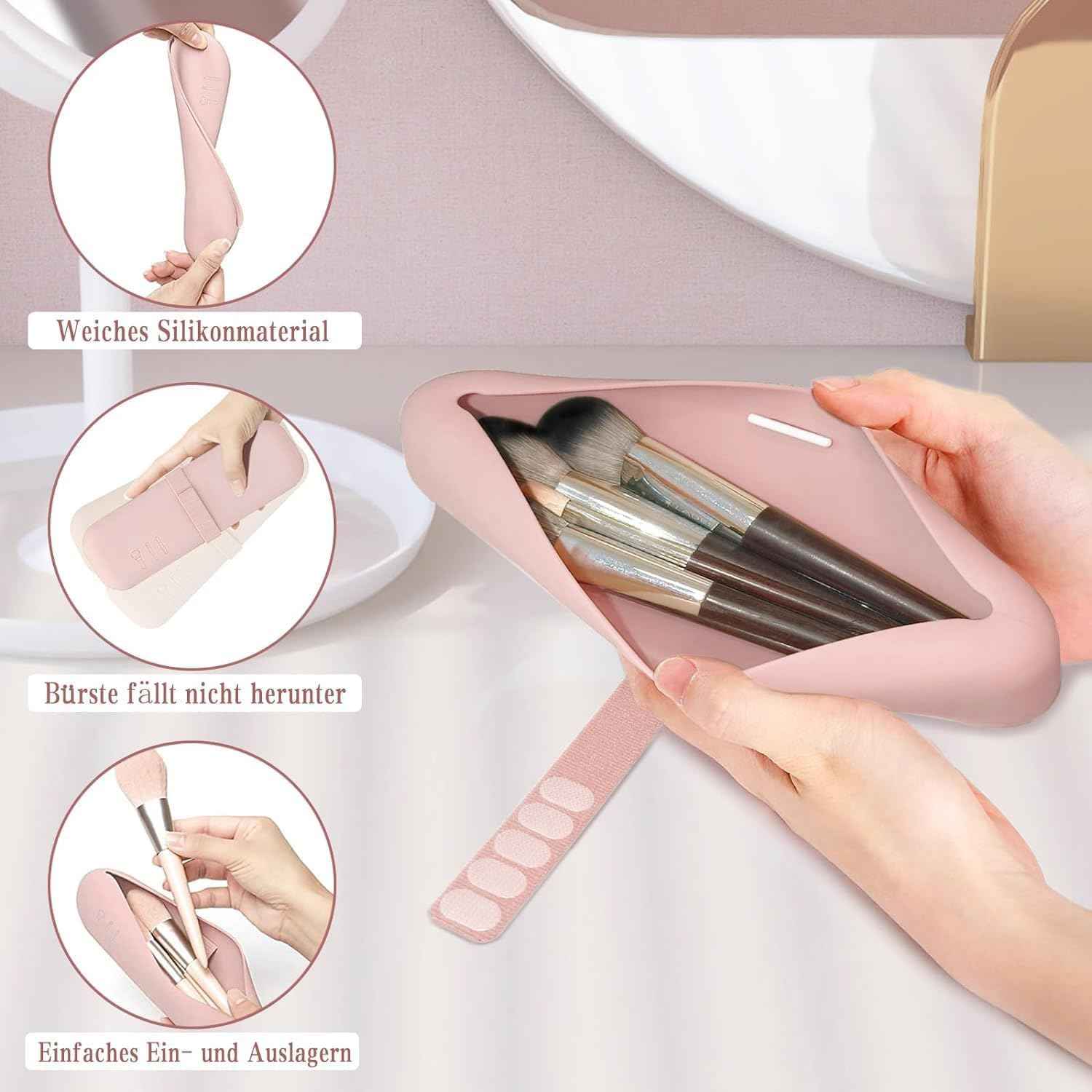 Ancwzoz Makeup Brush Holder, Silicone Makeup Bag Makeup Sponge Holder Organizer for Travel Storage, Pink