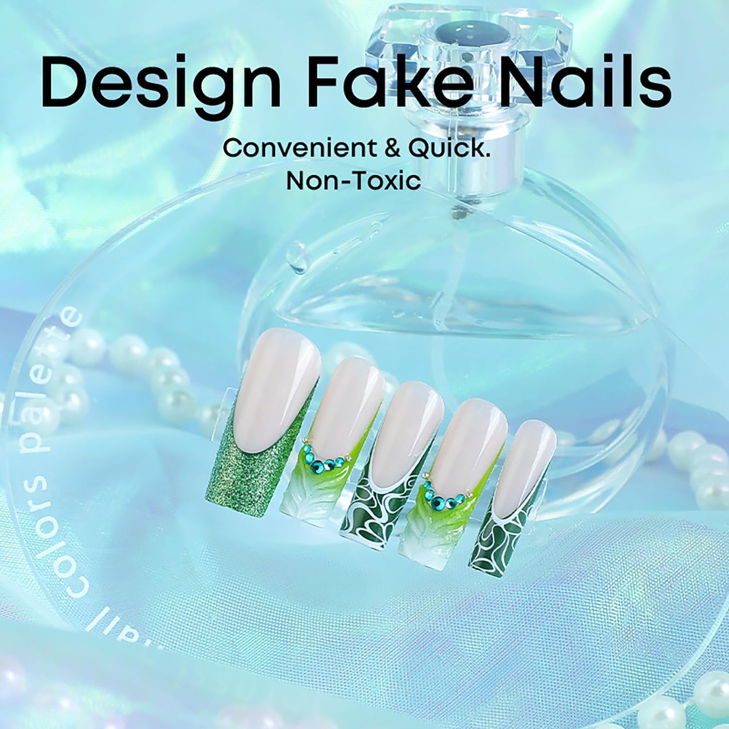 Long Coffin Press on Nails French Tip Green RIICFDD Fake Nails 3D Water Ripple Designs Rhinestone Nail Charms Acrylic Nails Full Cover Glue on Nails for Women and Girls Nail Decoration 24 Pcs