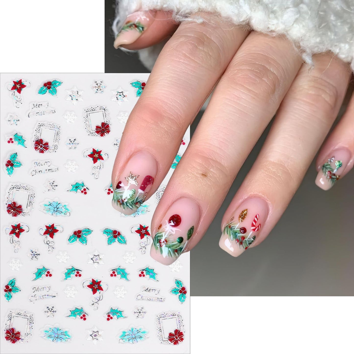 Christmas Nail Art Stickers Holographic Snowflakes Nail Decals 3D Self-Adhesive Laser Gold Silver Santa Claus Nail Sticker Cute Brazing Bell Gifts Gingerbread Man Nail Design for Women Girls 6 Sheets