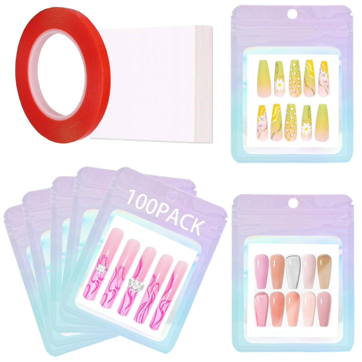 100PCS Press on Nail Packaging Bag and 100PCS White Cardboard Nail Tips Packaging Bags Empty Holographic Nail Storage Bags with 1 Roll Transparent Tape for Press on Nail Business (Purple-blue, small)