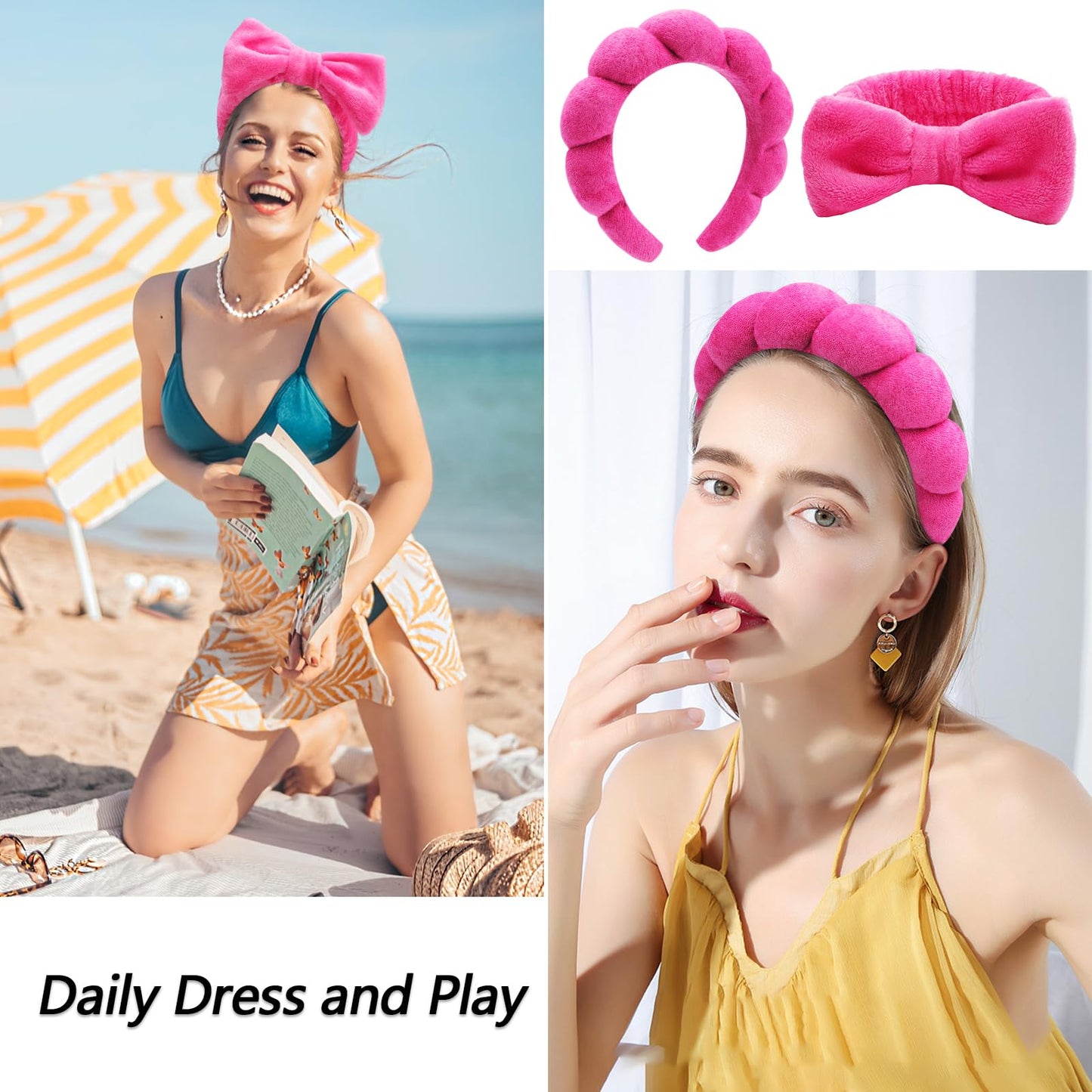 VELSCRUN 4 Pcs Spa Hair Accessories Gift Set - Face Wash & Makeup Headbands, Rose Pink Puffy Sponge Bow Tie Bubble Headband Wristbands for Women & Girls