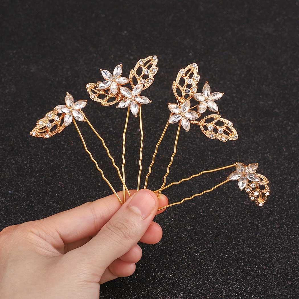 Heread Crystal Bride Wedding Hair Pins Gold Leaf Hair Pieces Bridal Hair Accessories for Women and Girls (Pack of 4)