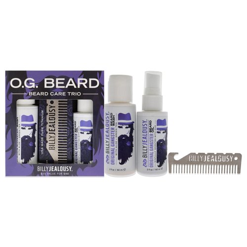 Billy Jealousy Original Gangster Beard Kit with Trave Size Beard Wash, Oil and Titanium Keychain Comb to Cleanse, Stengthen & Soften Facial Hair, Oud Wood Scent