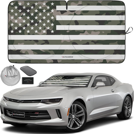 Autoamerics 1-Piece Windshield Sun Shade Green Camo American Flag USA Design - Foldable Car Front Window Sunshade for Most Sedans SUV Truck - Blocks Max UV Rays and Keeps Your Vehicle Cool - Small