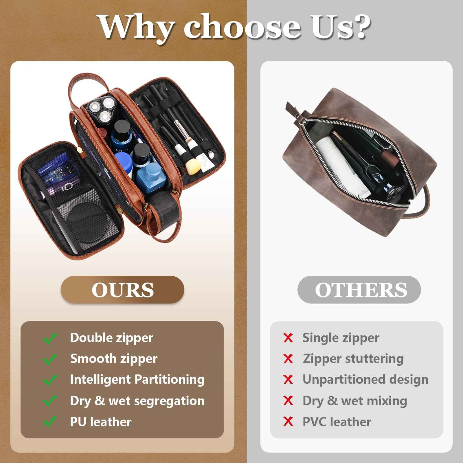 MaqSacion Travel Toiletry Bag for Men,Mens Shaving Bags for Toiletries,Men's Toiletry Travel Bag Leather,Personalized Travel Essentials,Birthday Gifts For Men,Brown- M