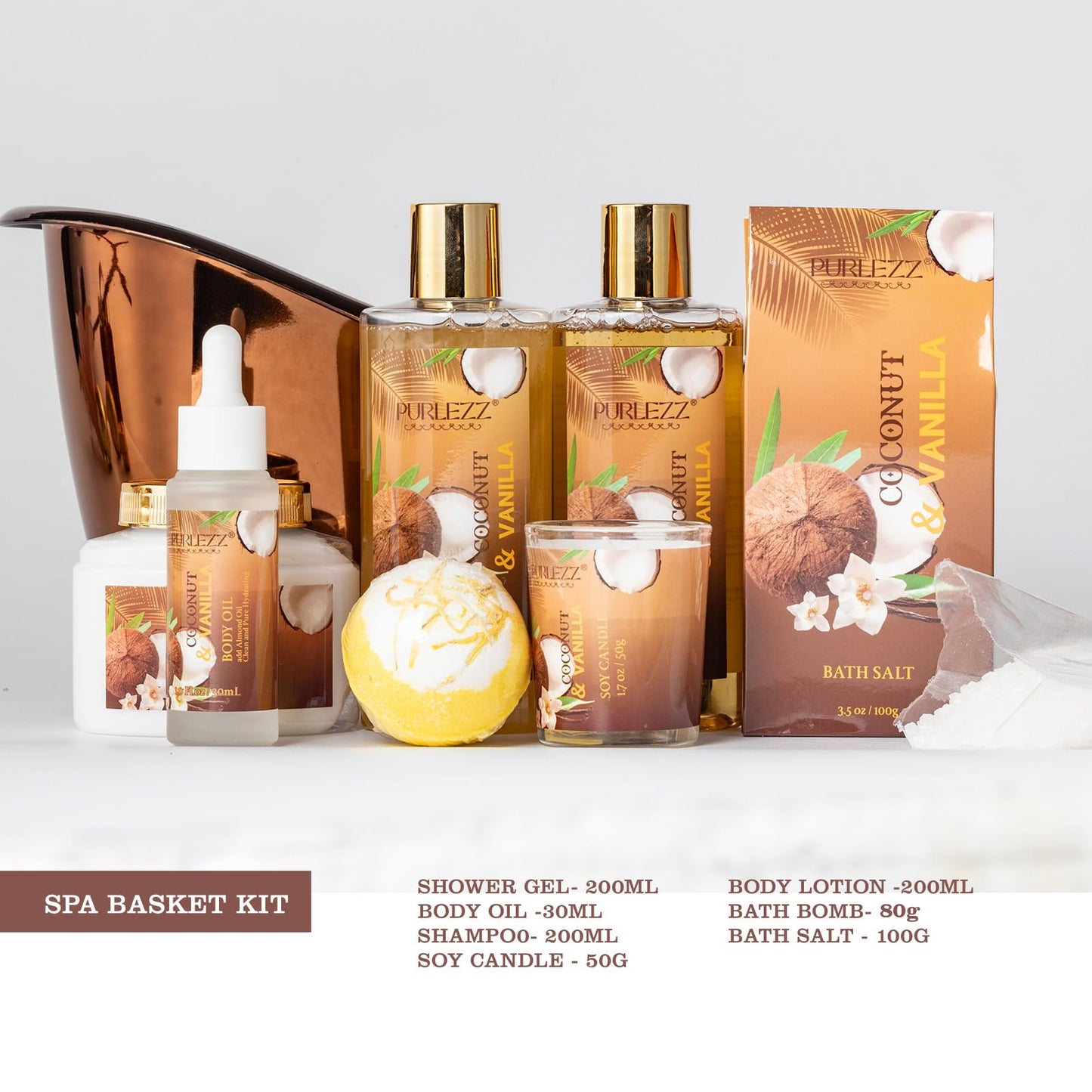 Spa Gift Basket for Women, Coconut & Vanilla Luxury Home Spa Kit, 8pcs Bath Gift Set, Birthday Gift for Women Unique with Bath Bombs, Scented Candle, Body Lotion, Spa Bath Sets for Women Gift