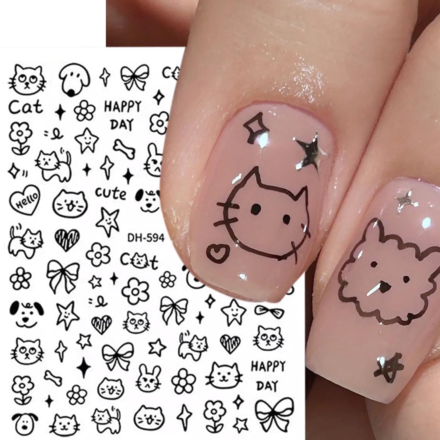 6Sheets Nail Stickers for Cute Cat Nail Art - Kawaii Cat Nail Decals Cute Cartoon Nail Design 3D Self Adhesive Cat Dog Flower Star Heart Animal Cartoon Nail Supplies French Nail Sticker for Nail Decor