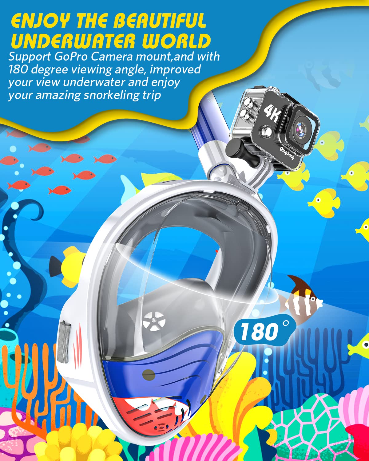 QingSong Kids Snorkel Mask Full Face, Snorkeling Set with Camera Mount, 180 Degree Panoramic View Snorkeling Gear Anti-Fog Anti-Leak