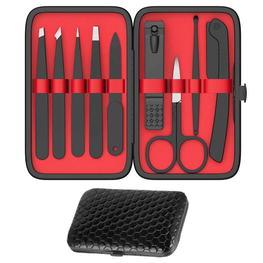 Yougai Tweezers and Nail Clippers Set,9 Pcs Professional Stainless Steel Tweezers Kit-Great Precision Tweezers with Curved Scissors and Eyebrow Razor for Daily Beauty Tools with Leather Travel Case