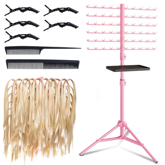 [Metal] 120-Peg Braiding Hair Rack Standing, with Tray Hair Extension Holder Hanger, Hair Divider Rack for Braiding Hair Separator Stand, Hair Braiding Rack Display Stand Hairstylist Braiders, Pink