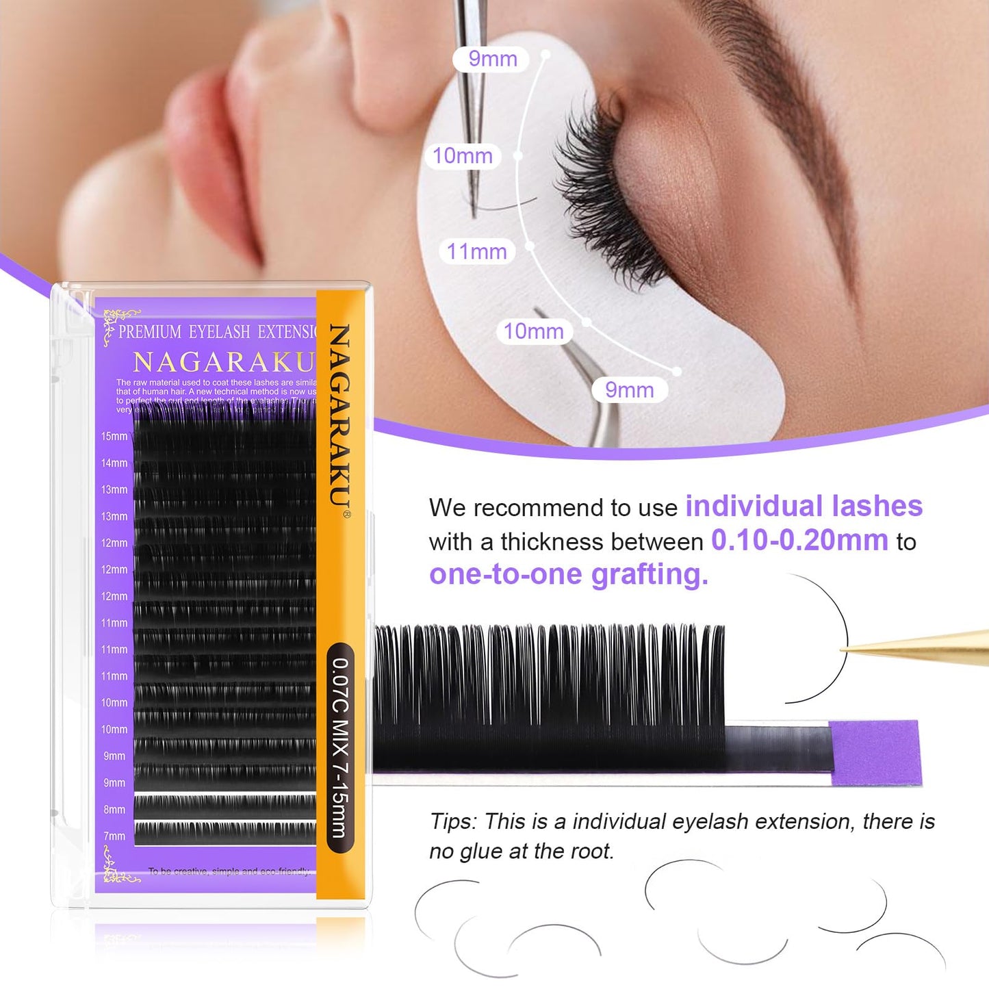 NAGARAKU 5 Trays Eyelash Extensions Individual Lashes 0.07mm D curl 11/12/13/14/15mm in 1 pack Classic Soft Natural Professional Faux Mink 16 rows