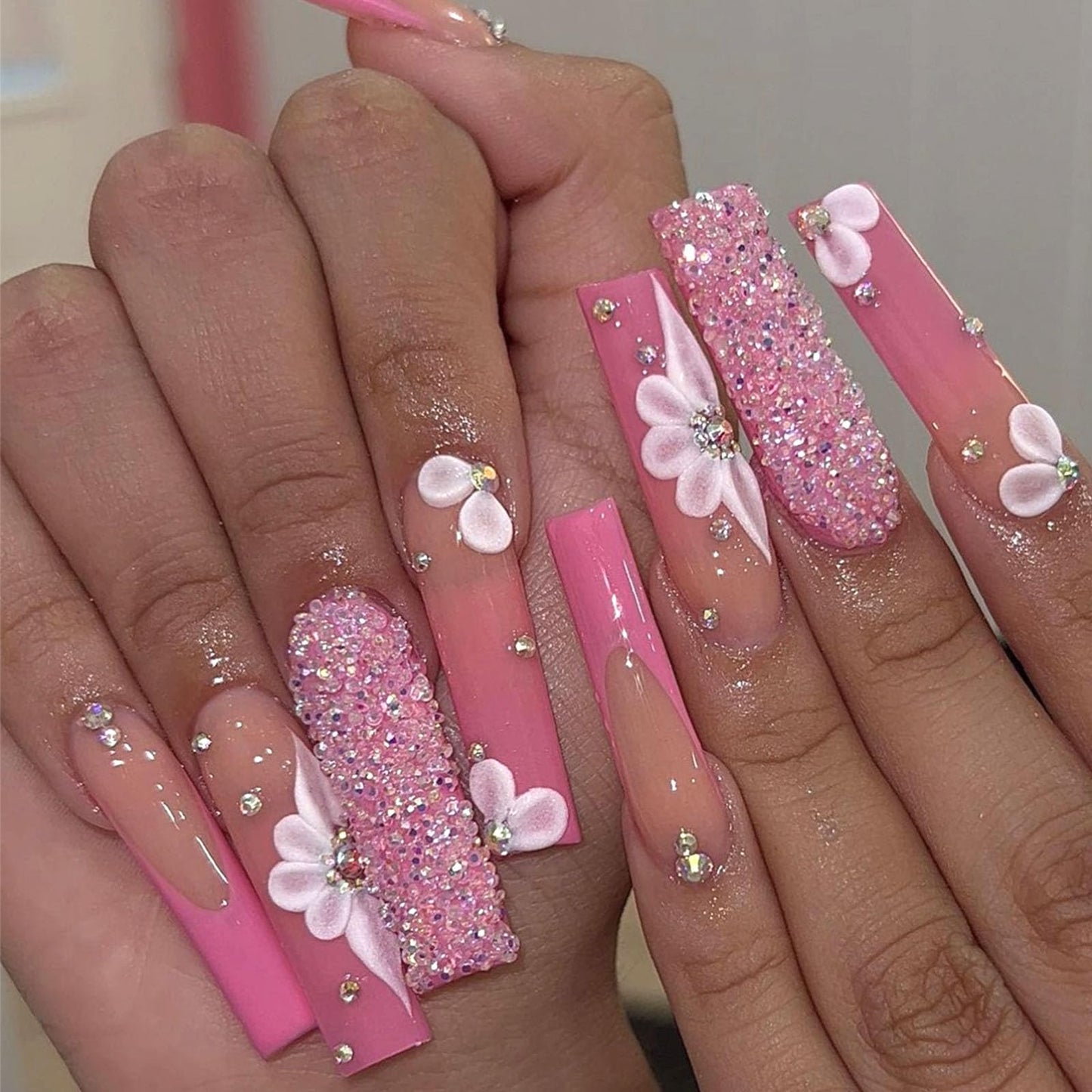 Pink French Tip Press on Nails Long Square Fake Nails White Flowers Glue on Nails Full Cover Acrylic Nails Glossy False Nails Broken Diamond Designs Cute Nails Spring Stick on Nails for Women 24Pcs