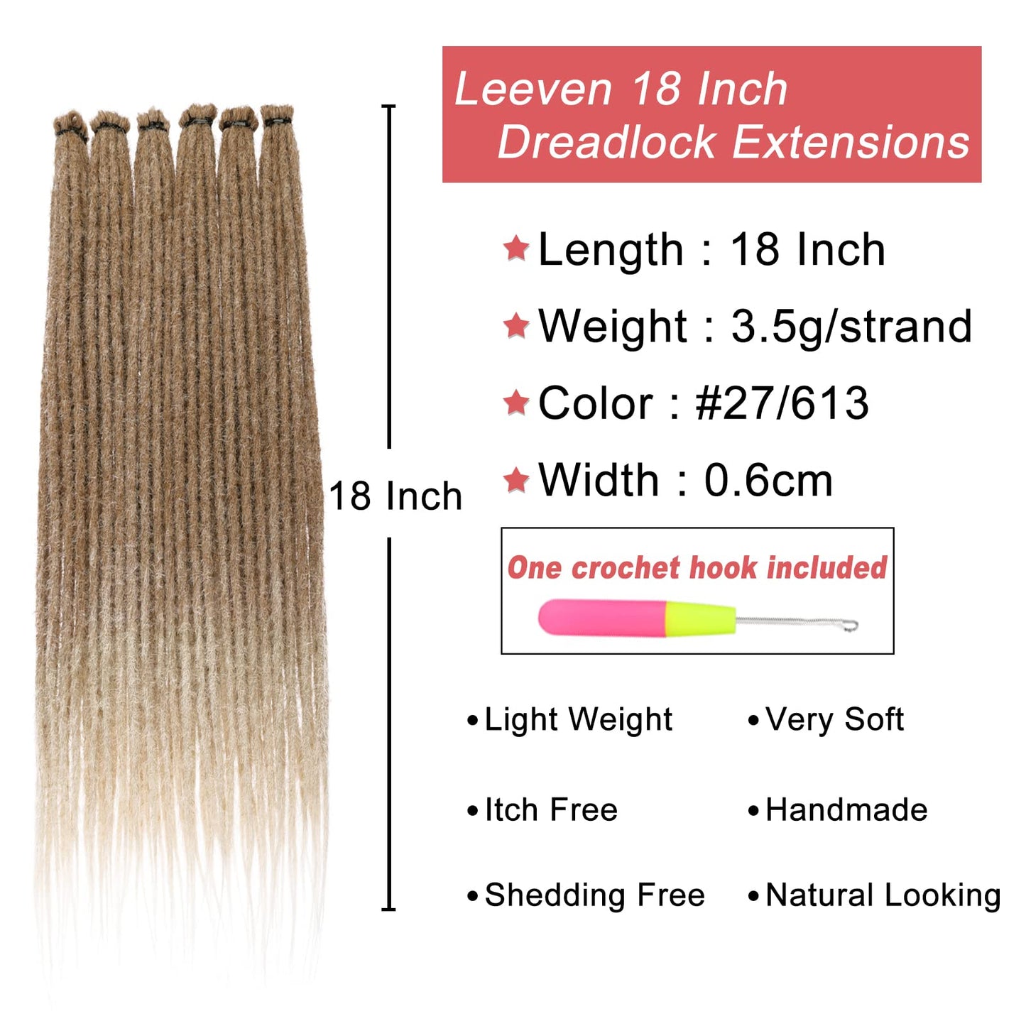 Leeven 20 Strands Synthetic Dreadlock Extensions 18 Inch Single Ended Ombre Blonde Thin Dreads Extensions Crochet Hippe Dreads Handmade 0.6 cm Width Loc Extensions Reggae Style Hair for Women Men