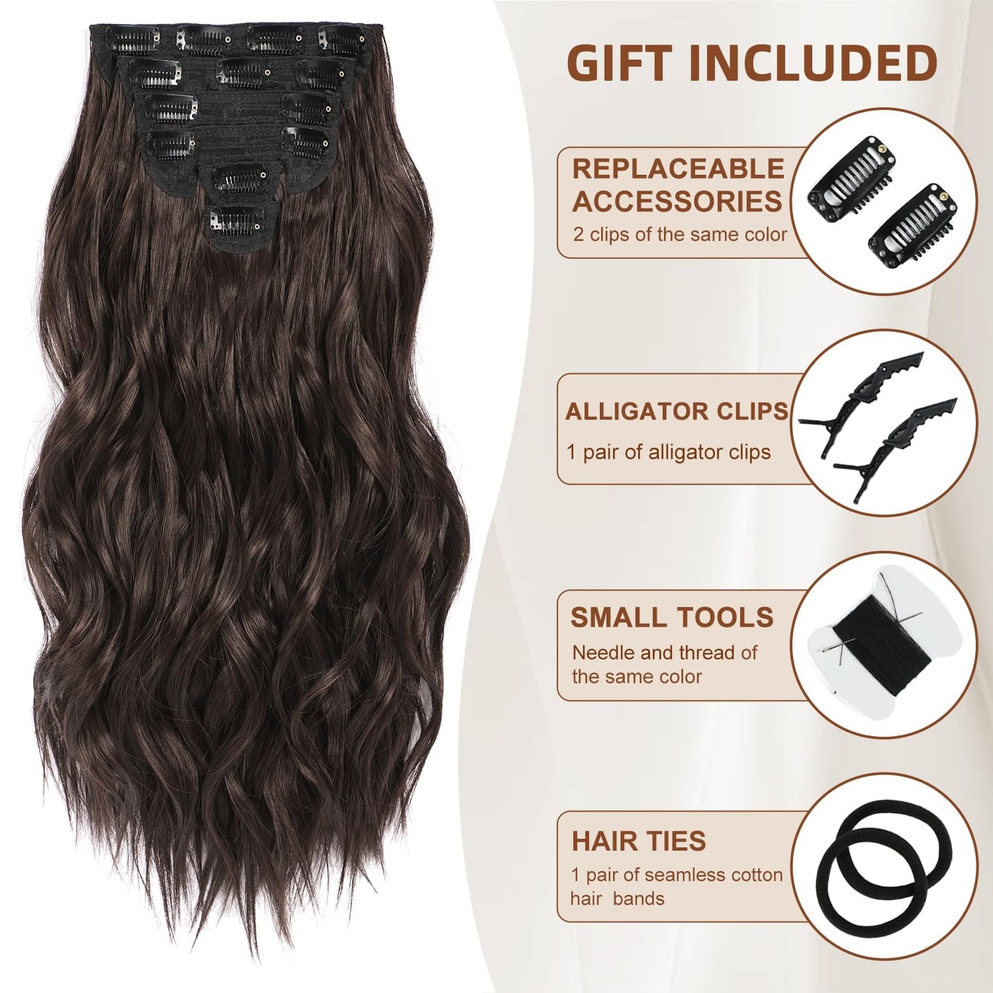 Fliace Clip in Hair Extensions, 6 PCS Natural & Soft Hair & Blends Well Hair Extensions, Dark Brown Long Wavy Hairpieces(20inch, 6pcs, Dark Brown)