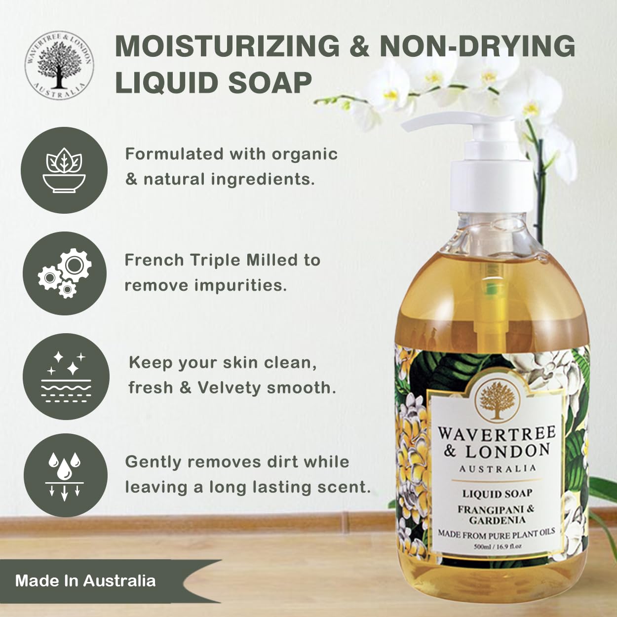 Wavertree & London Natural Liquid Soap Bottle with Dispenser Pump, Frangipani & Gardenia Scented Liquid Hand Soap for Bathroom, Kitchen - Australia Made Moisturizing Plant Oil Body & Hand Wash Soap