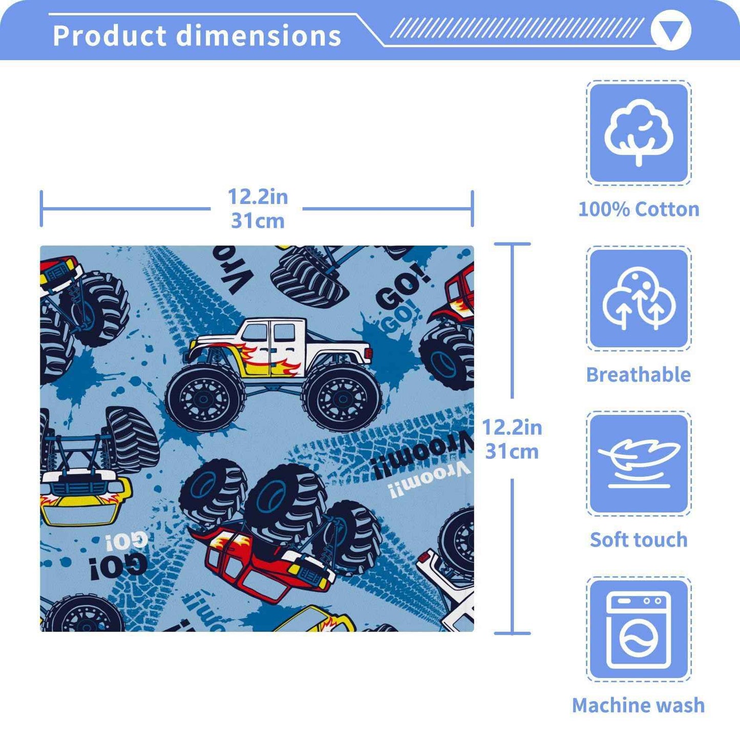 SUABO Soft Cotton Kid's Bath Washcloths,Monster Truck Cars Towel,Set 6