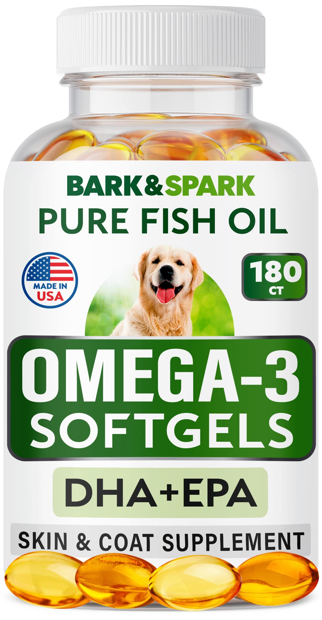 BARK&SPARK Omega 3 for Dogs - 180 Fish Oil Softgels for Dog Shedding, Skin Allergy, Itch Relief, Hot Spots Treatment - Joint Health - Skin and Coat Supplement - EPA & DHA Fatty Acids - Salmon Oil