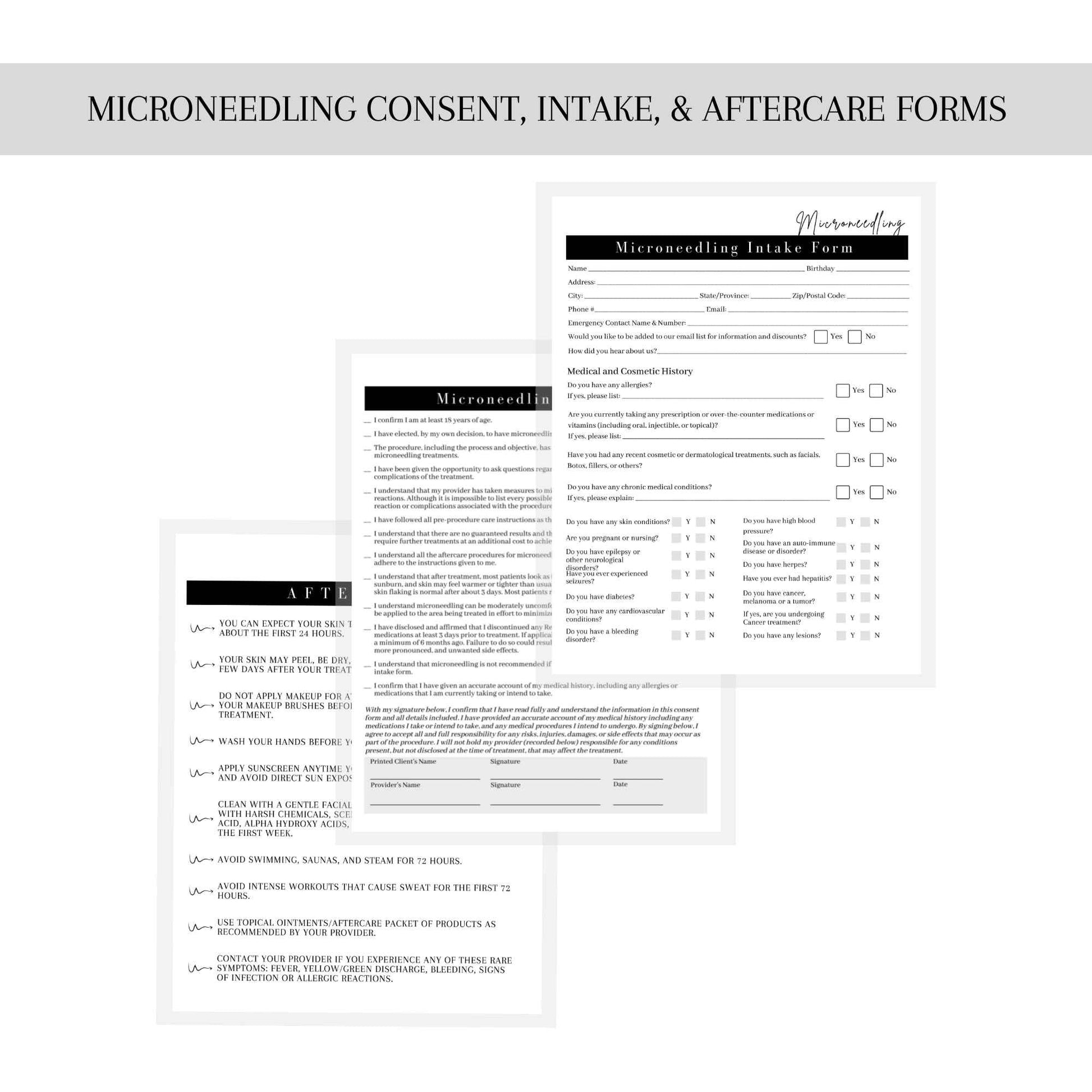 Microneedling Intake Forms, Consent, Aftercare Instructions | 75pk 25 of Each | Skin Rejuvenating Microneedling | Anti Aging, Anti Wrinkle | 8.5 x 11” Client Intake Signature Minimalist Black White