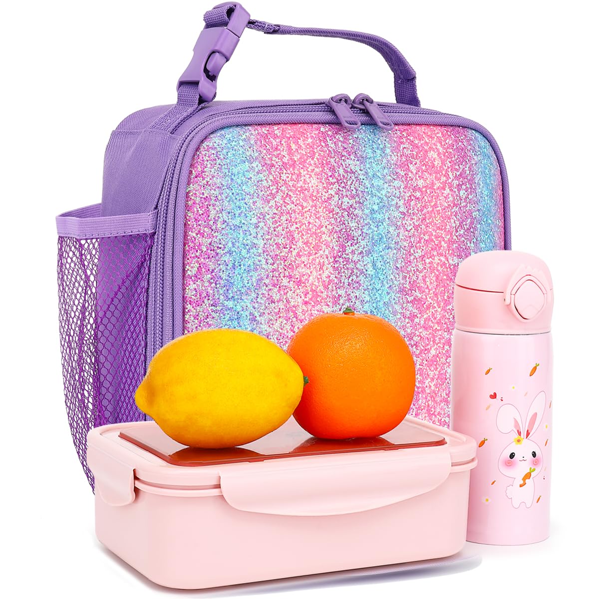 FlowFly Lunch box Insulated Soft Bag Mini Cooler Back to School Thermal Meal Tote Kit for Girls, Boys,Purple#Glitter