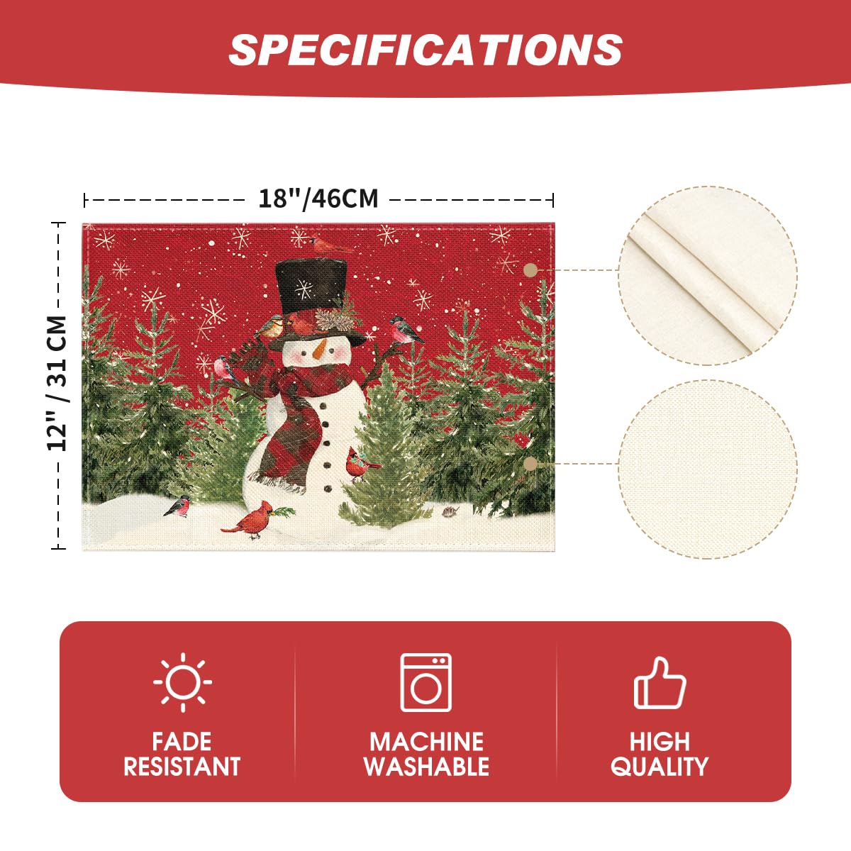 Artoid Mode Red Snowman Trees Bird Christmas Placemats Set of 12, 12x18 Inch Seasonal Winter Table Mats for Party Kitchen Dining Decoration