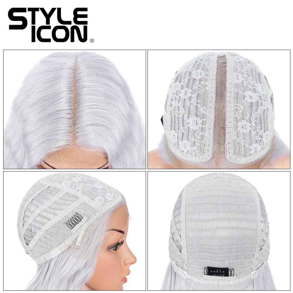 Style Icon 41" Lace Front Wigs Long Wavy Synthetic Wigs with Baby Hair Silver Grey Bohemian Style Half Hand Tied 130% Density Wigs (41", THISTLE)