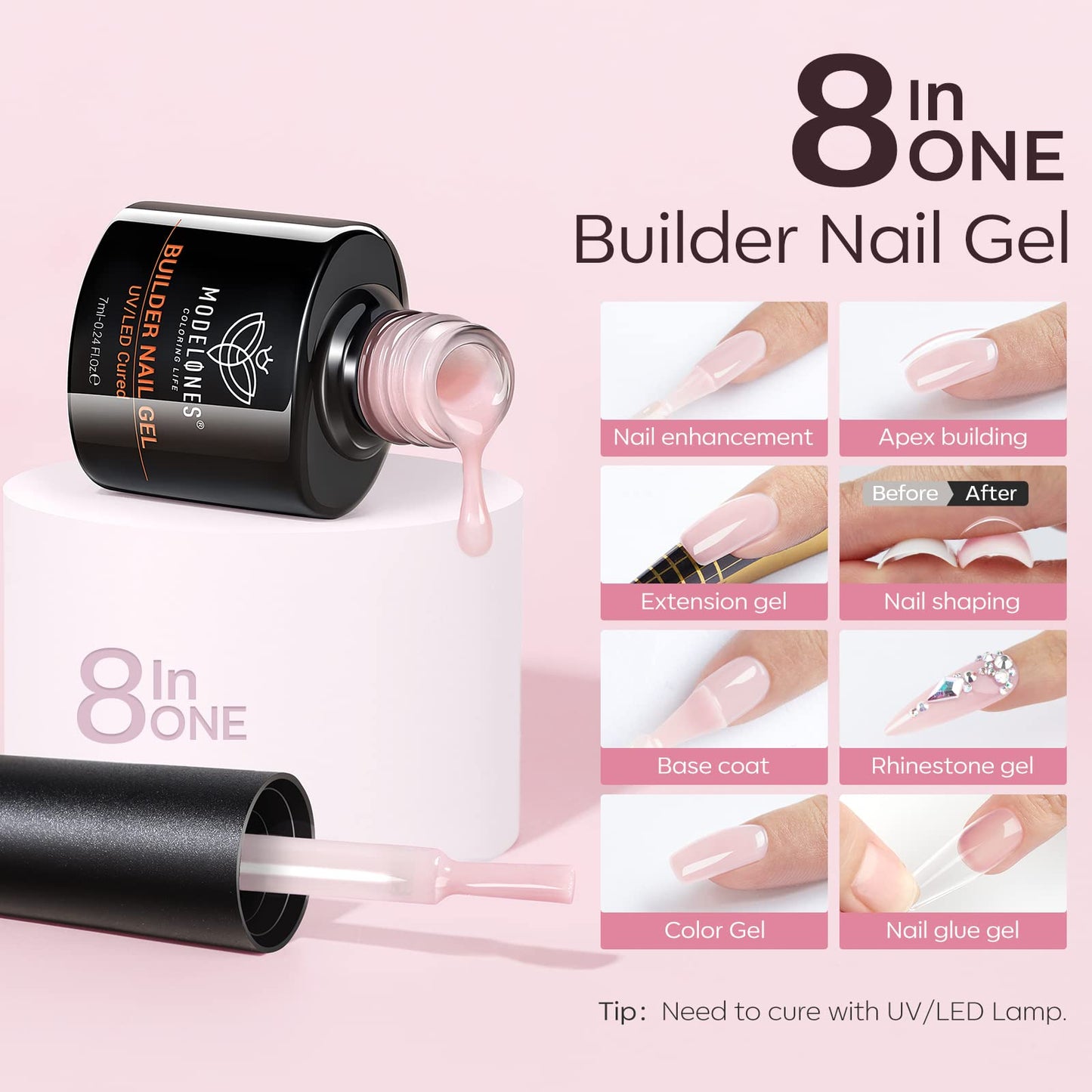 modelones Builder Nail Gel Set, 6 Colors Gel Builder 8-in-One, Jelly Nude Pink Hard Gel Builder Nail Strengthener Extension Gel LED Nail Lamp Cured Color Base Nail Glue Gel in a Bottle