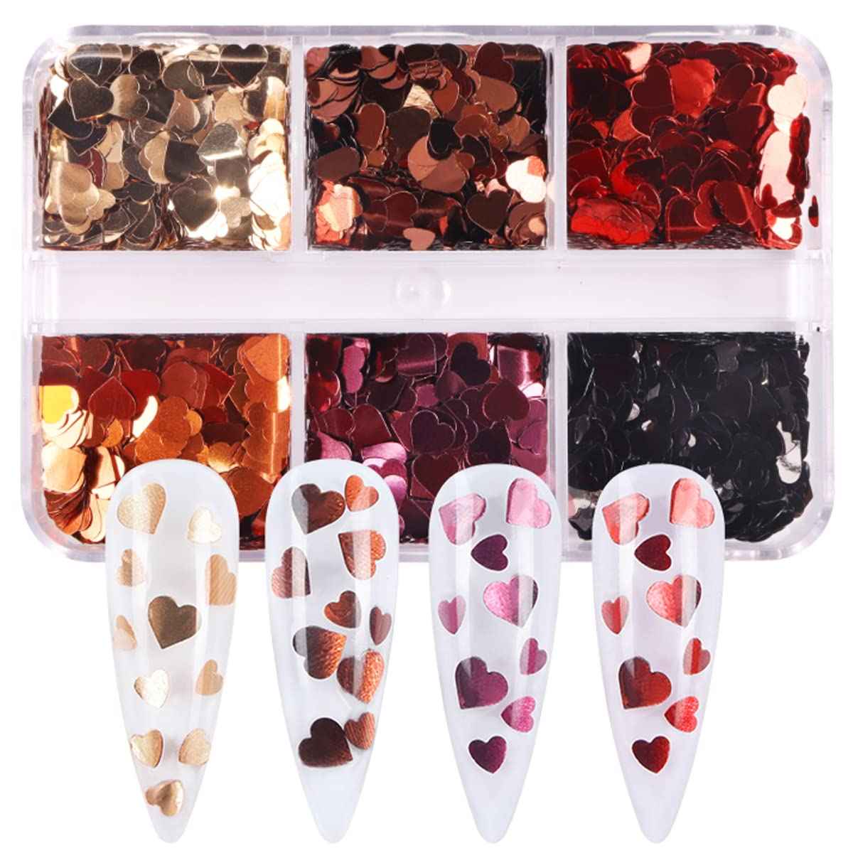6 Grids 3D Heart Nail Glitter Sequins Valentine's Nail Art Stickers Love Nail Decals Holographic Laser Heart Nail Designs Red Black Rose Gold Heart Glitter for Acrylic Nails Decorations