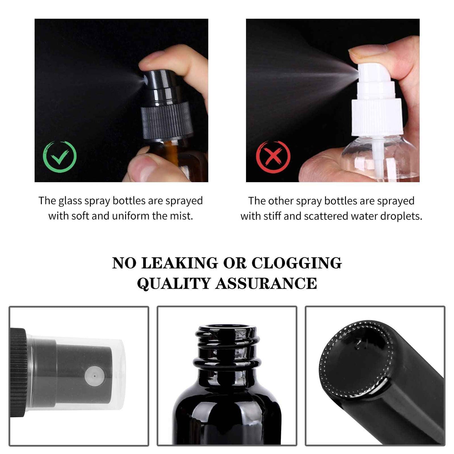 YONKAN 2oz UV Resistant Glass Spray Bottle, Fine Mist Boston Glass Bottles with Black Fine Mist Sprayer Small Clear Bottles for Essential Oils, Bath, Beauty, Hair & Cleaning, Black, Pack of 48