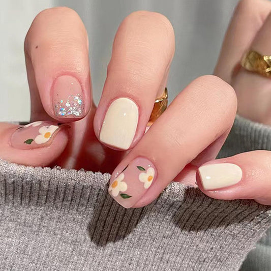 Flower Press on Nails Short Fake Nails with Floral Glitter Designs Square Glue on Nails Summer False Nails Press ons Pink White Full Cover Stick on Nails for Women 24 Pcs