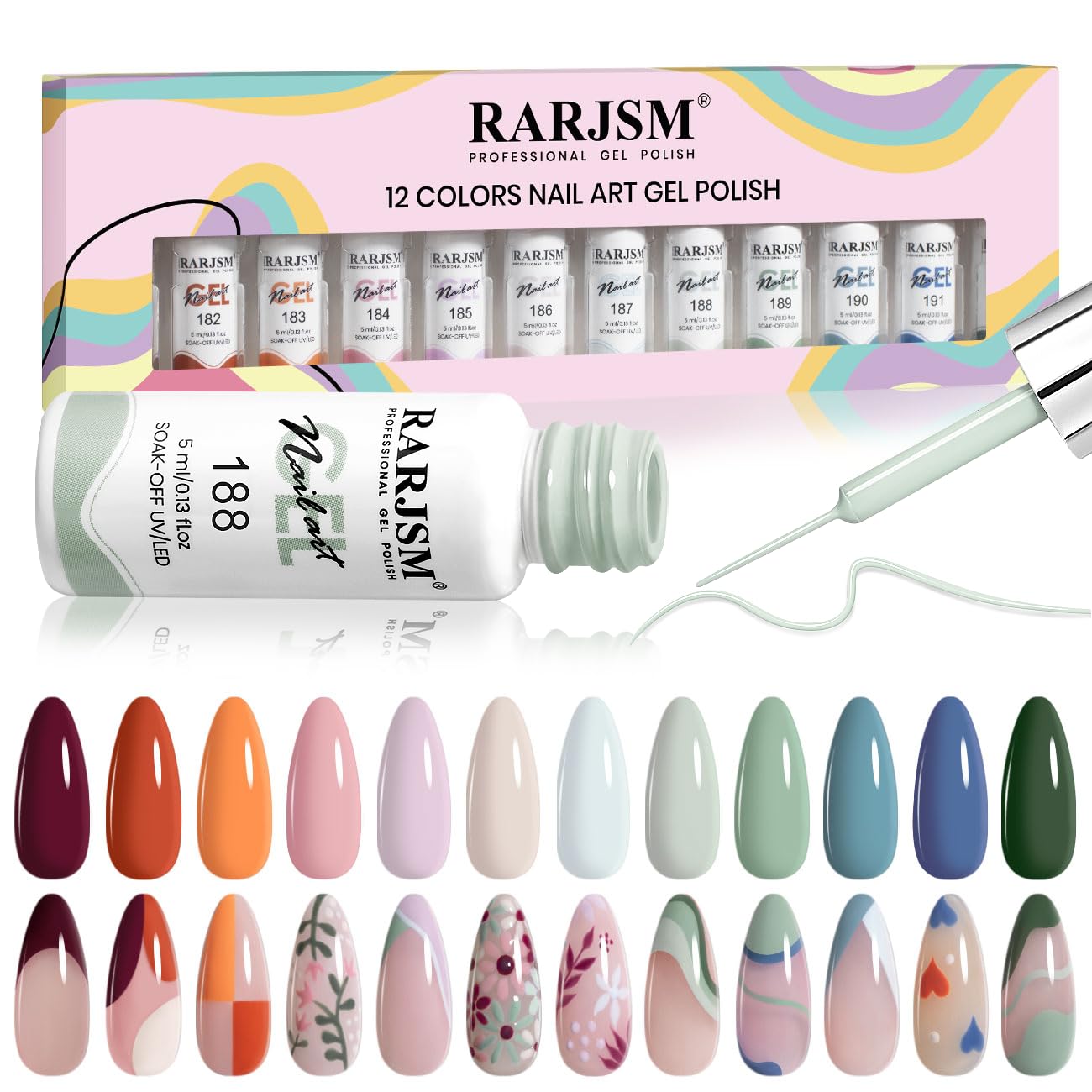 RARJSM Nail Art Gel Liner 12 Colors Collection Sage Green Dusty Pink Navy Blue Orange Painted Gel Nail Polish Set 5ml UV LED Cured Nail Design Thin Striper Brush for Home Salon Mani Diy Summer