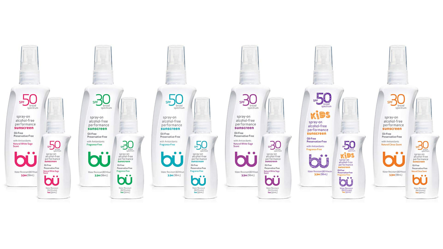 Sunscreen Spray SPF 50 by Bu Value Pack - Travel Size Organic Sun Block for Sensitive Skin - Oil-Free, Alcohol-Free, Non Comedogenic, Water-Resistant (Fragrance-Free + White Sage)