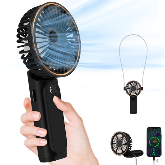 TUNISE Portable Handheld Fan, Portable Fan Rechargeable, 4000mAh, 180° Adjustable, 6 Speed Wind, Display Electricity in Real Time, USB Rechargeable Foldable Fan, Quiet Personal Fan with Power Bank