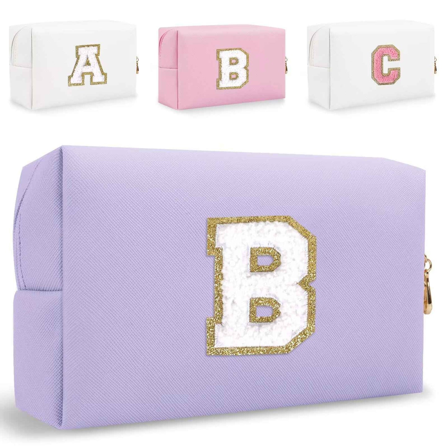 Small Personalized Letter Makeup Bag, Cute PU Leather Chenille Letters Cosmetic Bag Travel Makeup Pouch, Preppy Travel Organizer Zipper Pouch for Women&Girls（Purple-B）