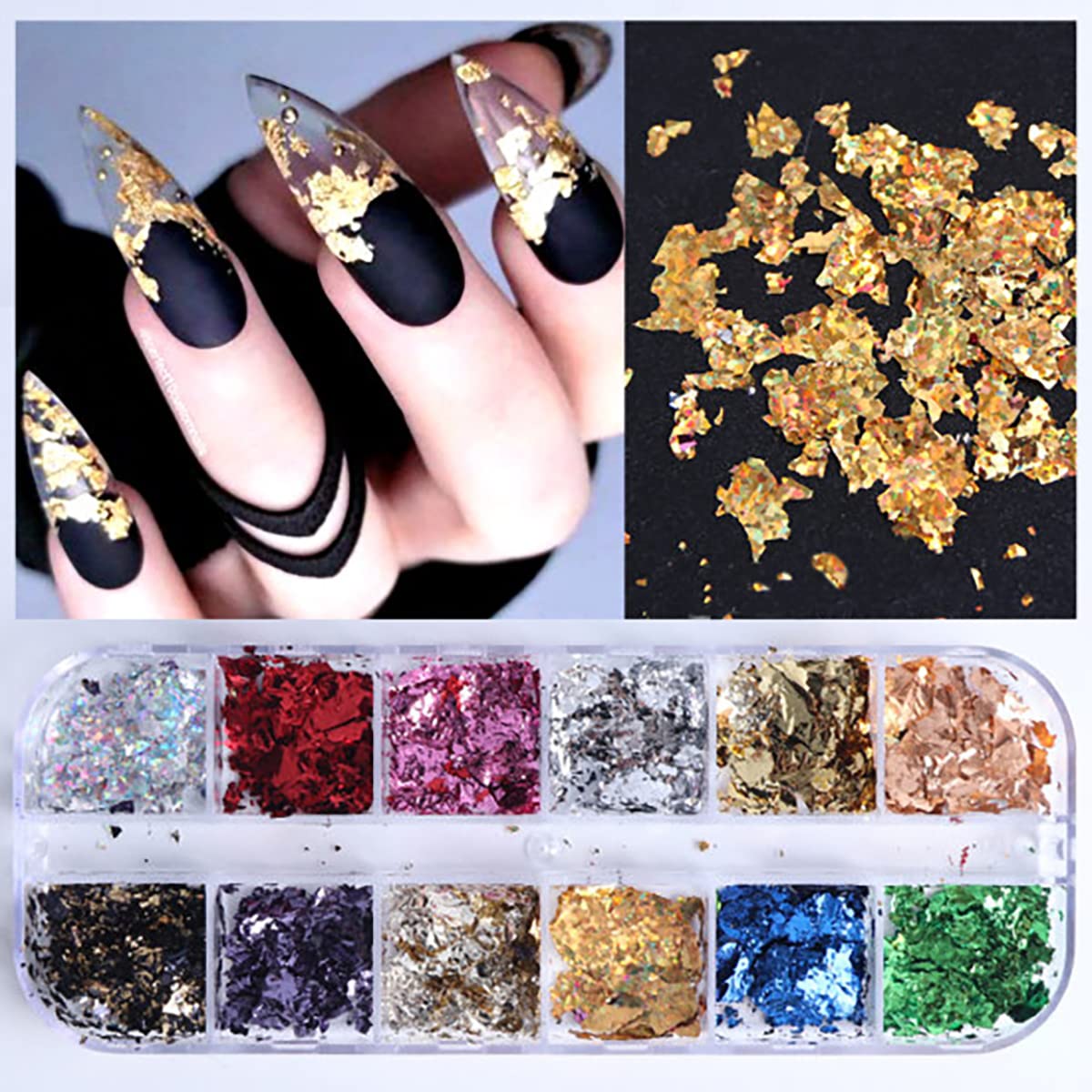 12 Grids Flaky Nail Art Glitter Sequins 3D Holographic Acrylic Nail Art Flakes Irregular Mermaid Nail Glitters Colorful Fluorescent Glass Paper Nail Sequins Women Party DIY Nail Beauty Accessories