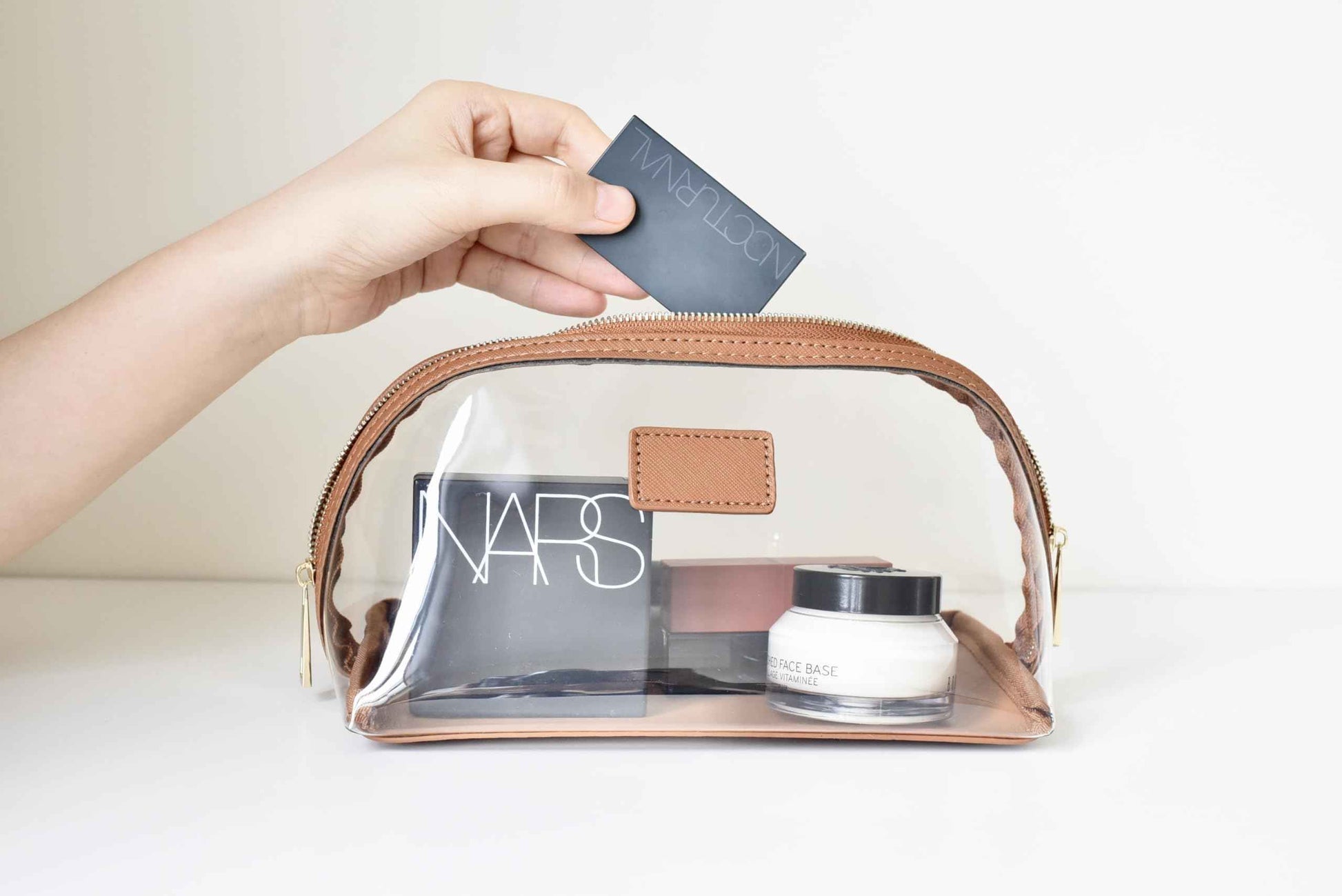 CONLINGDA Clear Makeup Bag, Leather Makeup Case, Travel Toiletry Bag, Portable Cosmetic Bag, Transparent Waterproof Cosmetic Organizer Storage Bag (Brown, Large)