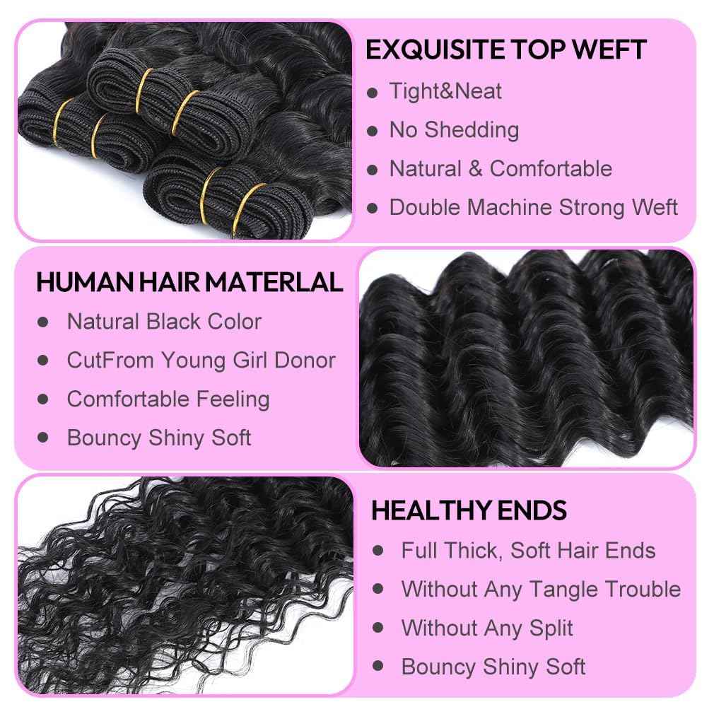 Deep Wave Human Hair Bundles 18 Inch Deep Wave Bundles 100% Unprocessed Brazilian Virgin Hair 1 Bundles Curly Bundles Hair Extensions Real Human Hair Wavy Quick Weave Bundles Natural Black