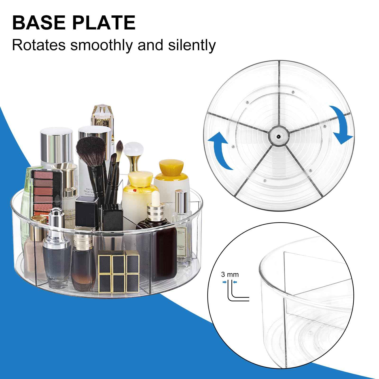 360° Rotating Makeup Organizer 11.5" Clear Turntable Lazy Susan Organizer for Vanity, Bathroom Counter, Pantry, Cabinet, Spinning Cosmetic Storage Holder with 5 Dividers for Skincare, Makeup Brushes
