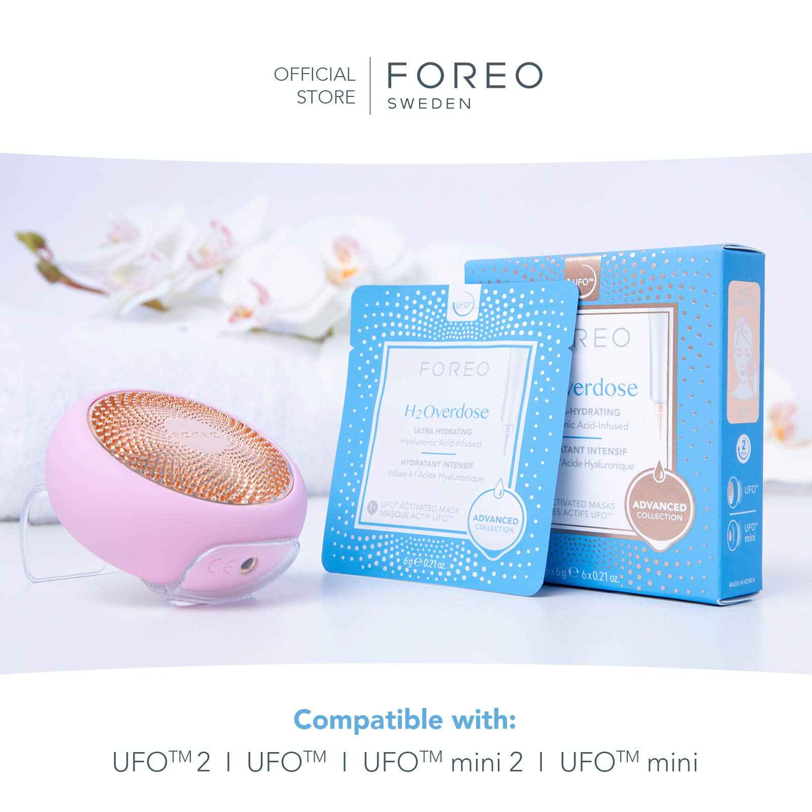 FOREO H2Overdose Advanced Collection 2.0 UFO-Activated Facial Mask - Hydrating Facial - Beauty & Personal Care - Hyaluronic Acid & Vitamin E - For All Skin Types - Dry skin & Flaky Skin - 6 pcs in pack
