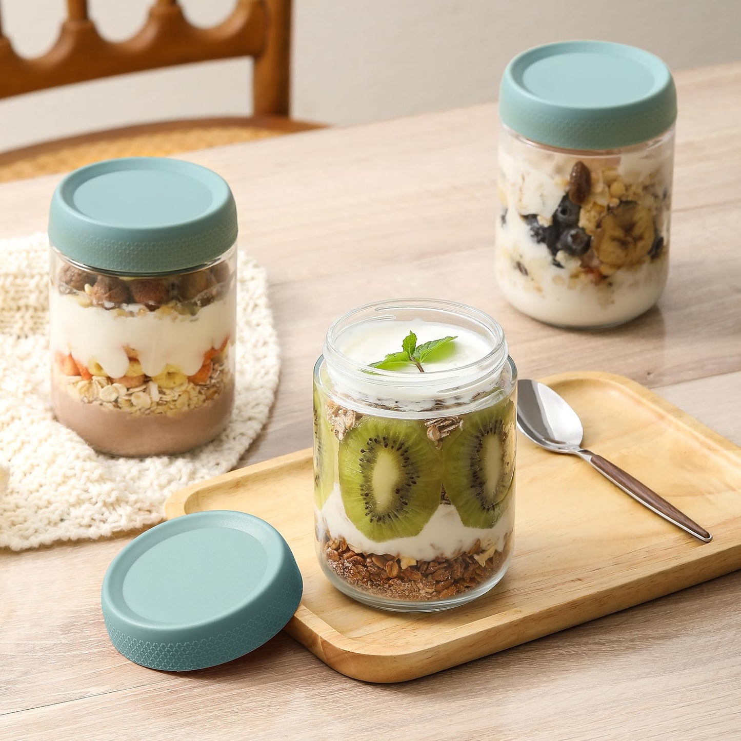 NETANY 6-pack 16oz Glass jars with Airtight Lids, Overnight Oats Containers with Lids, Wide mouth Mason Salad jars, Glass Food Storage Containers for Snacks Yogurt Spice Sugar - Green