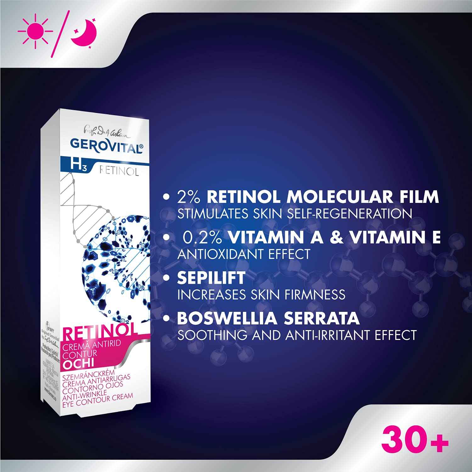 GEROVITAL RETINOL Anti-Wrinkle Eye Contour Cream with Retinol, Sepilift, and Vitamins A and E, Prevents and Reduces Wrinkles, 15 mililiters
