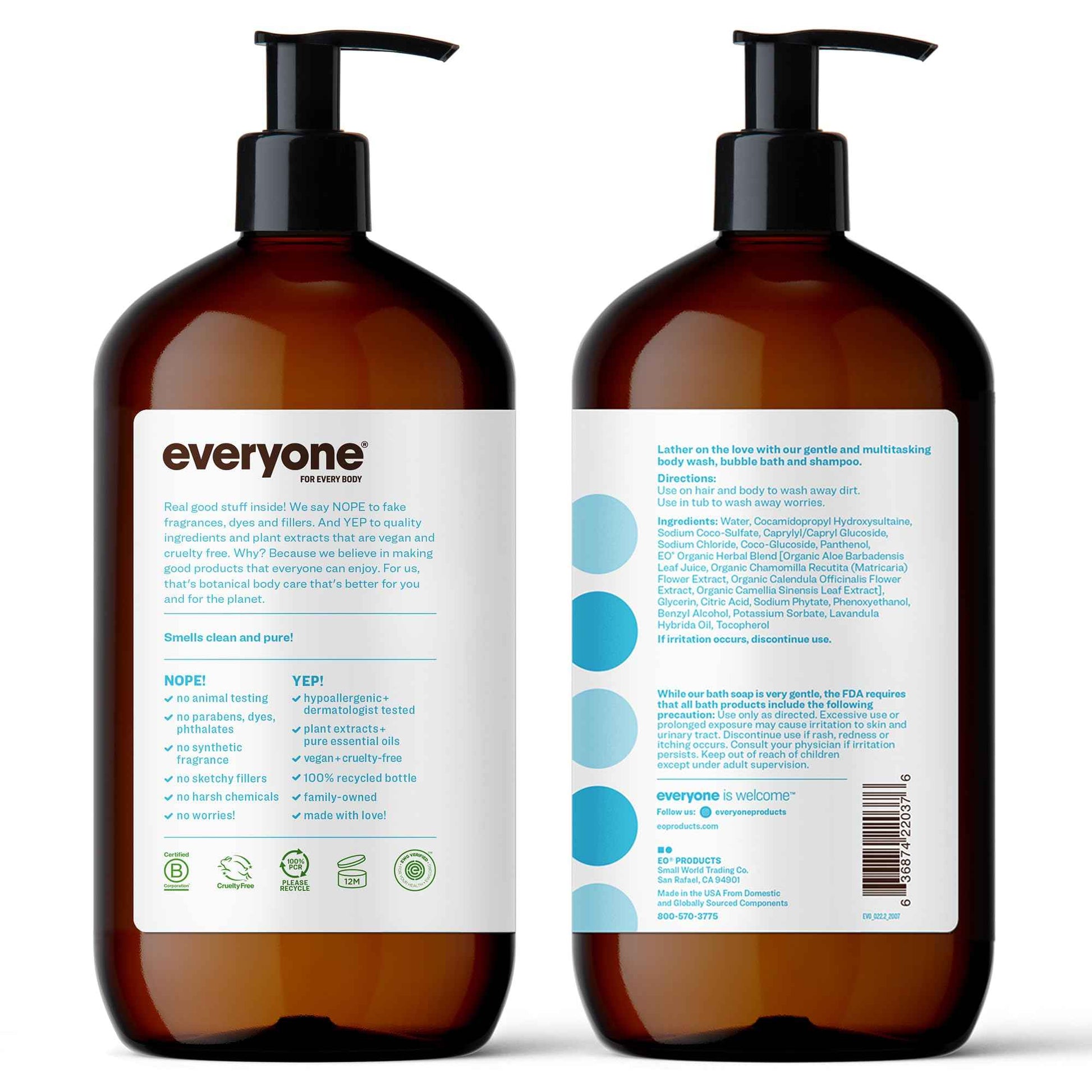 Everyone 3-in-1 Soap, Body Wash, Bubble Bath, Shampoo, 32 Ounce (Pack of 2), Unscented, made for Men and Women