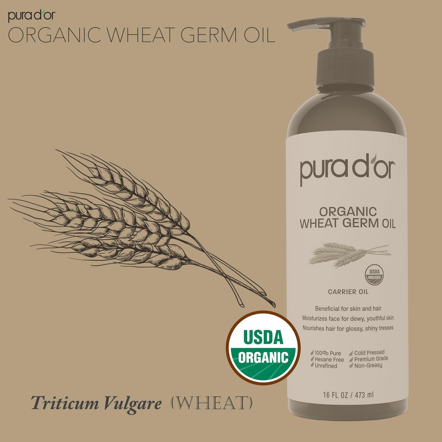 PURA D'OR 16 Oz ORGANIC Wheat Germ Oil - 100% Pure & Natural USDA Certified Cold Pressed Carrier Oil - Vitamin E Rich, Moisturizing & Nourishing Anti-Aging Properties - Healthy Hair Growth & Skincare